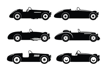 Vintage Roadster Silhouettes: A collection of sleek, black vintage roadster car silhouettes, each exuding classic charm and timeless automotive elegance. Perfect for design and transport projects.