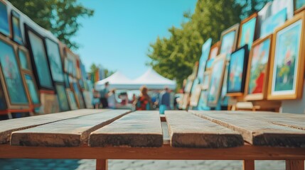 Fototapeta premium Art Exhibition: An inviting shot of a bustling outdoor art exhibition, wooden table leading the eye towards an array of paintings, showcasing creativity and cultural expression.