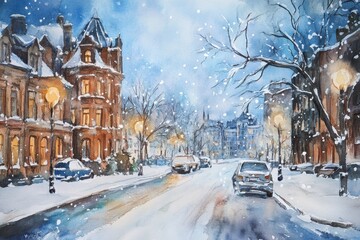Obraz premium Winter landscape in a charming town with snow falling on a quiet street lined with historic buildings, Watercolours Christmas and winter season landscape with local street
