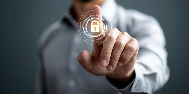 Businessman Touching Digital Lock Icon on Screen for Data Security and Protection Concepts