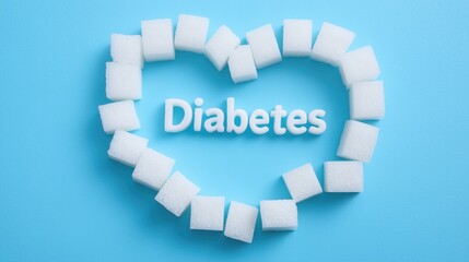 Heart-Shaped Sugar Cubes Surrounding “Diabetes” – Top View on Bright Blue Background