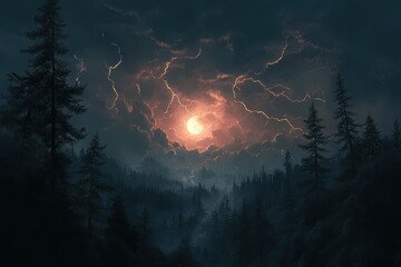 Nightmare sky reveals moon and lightning over dark wooded landscape at night, Nightmare Sky With Moon And Lightning Above Dark Woods
