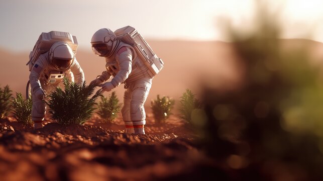 Astronauts Farming on Mars – Futuristic Space Agriculture with Green Plants in Red Martian Soil