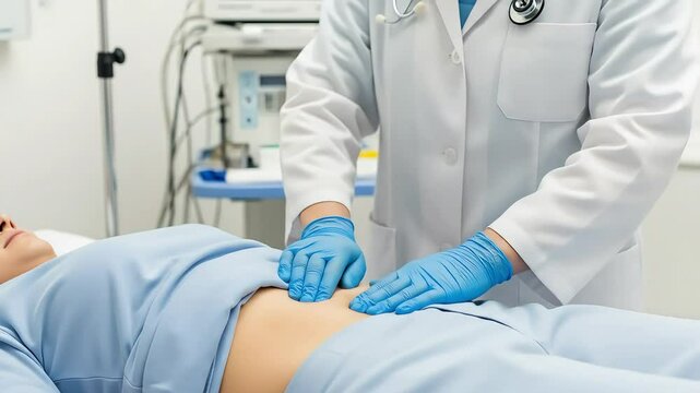 Doctor in White Coat and Blue Gloves Examining a Patient's Abdomen in a Hospital Setting