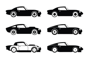 Classic Car Silhouette Set: A collection of meticulously designed classic car silhouettes, rendered in stark black and white, showcasing timeless automotive elegance.