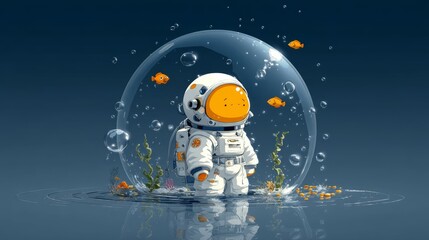 Naklejka premium Cute Astronaut in Bubble Underwater with Fish and Plants in a Colorful Ocean Scene