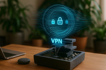 Concept of virtual private network security with illuminated padlock icons and water fountain on wooden table
