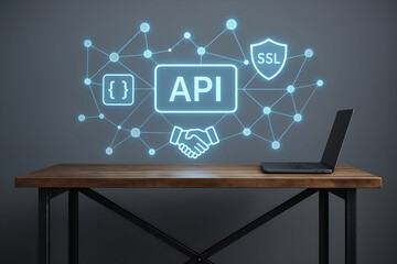 Conceptual illustration of api security and coding on a wooden desk with a laptop representing network connections and data transfer