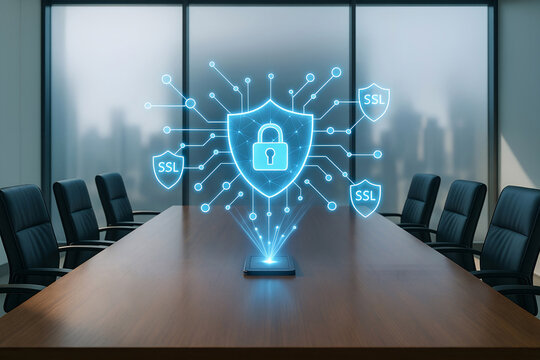 Data security concept with padlock shield and ssl symbols projected on table in modern conference room