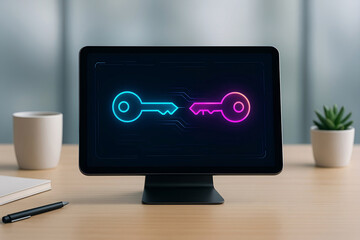 Digital security and data encryption concept showcased on tablet with a key symbol illustration representing network protection and access control