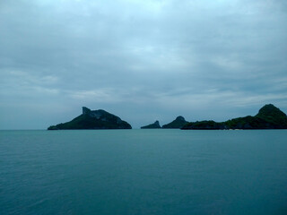 Beautiful Seascape with Mountains, Blue Ocean, and Islands under Clear Sky at Ang Thong National Marine Park, Koh Samui, Thailand