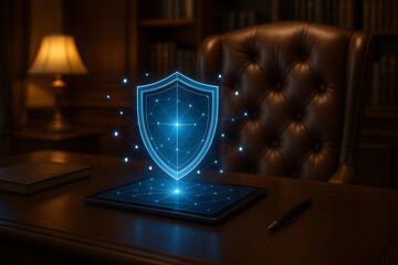 Digital security concept illustrating data protection and cyber safety on a tablet in a luxurious office setting