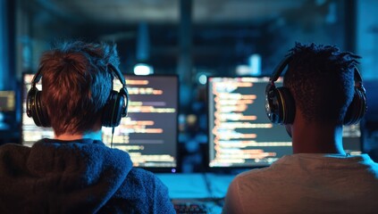 Two programmers coding at night