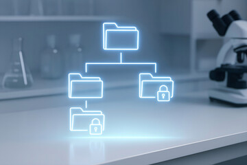 Futuristic digital file organization with encryption in a scientific laboratory setting featuring data protection and secure information