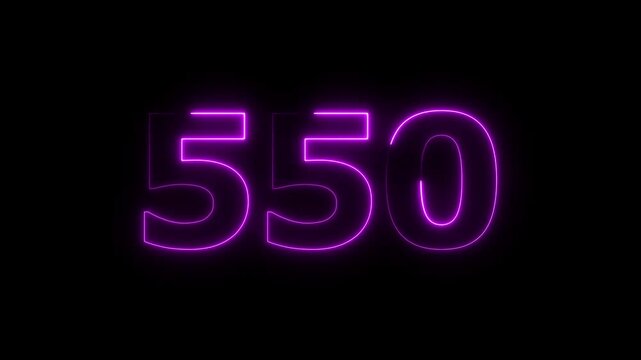 Abstract glowing neon countdown 550 number animation background 4k video.