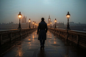 Lone Man Walking on Bridge Towards Big Ben at Misty Dawn