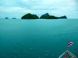 Beautiful Seascape with Mountains, Blue Ocean, and Islands under Clear Sky at Ang Thong National Marine Park, Koh Samui, Thailand