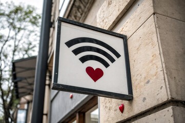 shows a sign on the exterior of a building with a Wi-Fi signal icon and a red heart below it. The sign is mounted on a stone wall, and there is a black pole and some trees visible in the background.