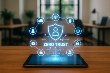 Secure digital shield concept illustrating zero trust cybersecurity architecture on a tablet display within an office setting