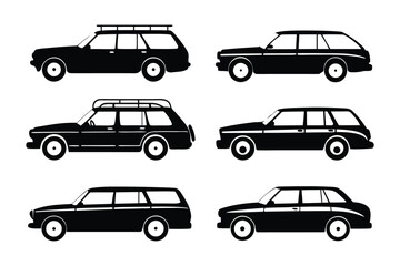 Retro Station Wagon Set: A collection of six black station wagon icons, blending vintage charm with minimalist design, perfect for adding a touch of nostalgia to any project.