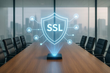 Secure socket layer ssl security concept represented by hologram on conference room table with a focus on cyber protection