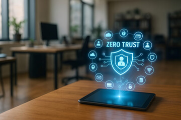 Zero trust security concept displayed digitally on a tablet representing cybersecurity in a modern office environment