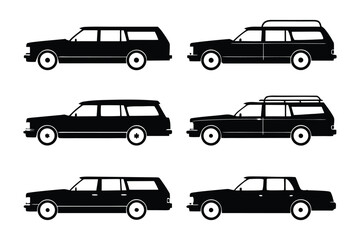 Classic Wagon Silhouette Collection: Six classic station wagon silhouettes, providing a timeless graphic resource perfect for design projects or automotive concepts. Showing car design details.