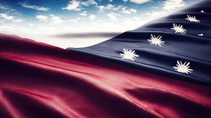Samoan flag waving, sky backdrop, patriotic graphic