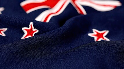 Close-up New Zealand flag, textured fabric, blurred background, patriotic imagery