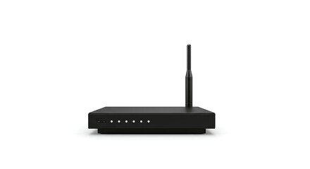 A black wireless router with a single antenna, centered on a white background.