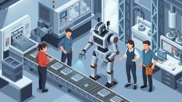 Automated Factory with Robot and Workers on Assembly Line Isometric Design in White and Blue Hues Shows Manufacturing and Production