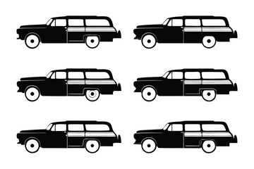 Vintage Station Wagons: A collection of six vintage station wagon illustrations, perfect for showcasing classic car design.