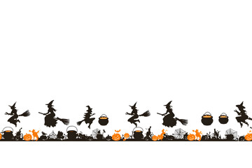 Witches flying on broomsticks under a full moon with Halloween border.
