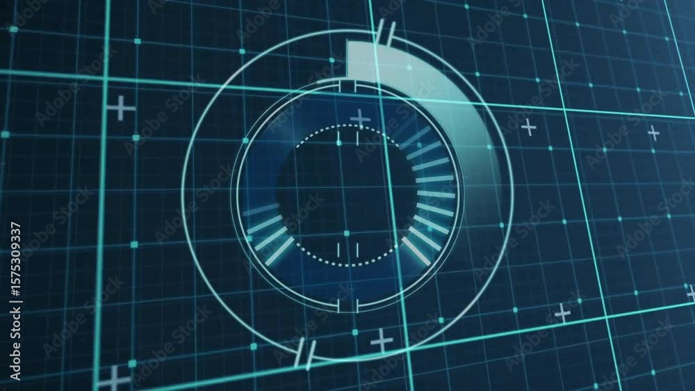 Poster Tech interface with concentric rings initiating data scan, rotating arc and extending radial bars