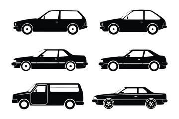 Classic Car Collection: A set of stylized, monochrome car silhouettes, showcasing different classic automobile body types. Evoking a sense of vintage aesthetics and transportation design.