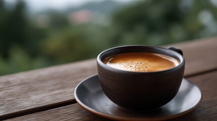 Dark Brown Espresso in a Ceramic Cup on Wooden Table with a Blurred Green Background