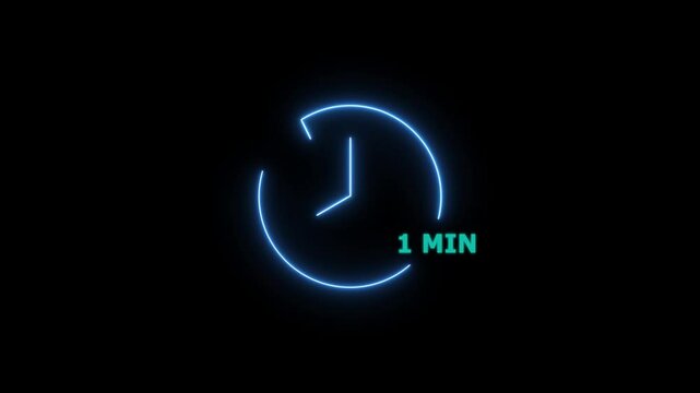 Animation of glowing neon 1 minute timer clock. analog neon clock icon animation.  on a black background. and creating a stunning 4k video.