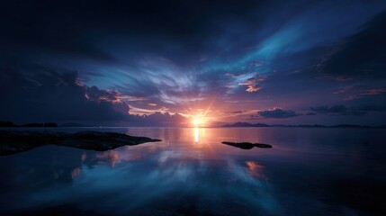 Vibrant Sunset over Calm Ocean with Dark Blue Sky and Colorful Clouds