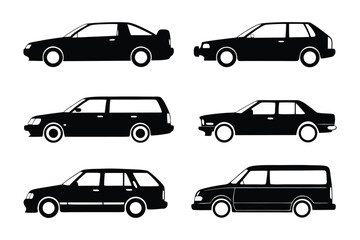 Variety of Automotive Silhouettes: A collection of six sleek, black automotive silhouettes, showcasing diverse vehicle styles. It's a minimalist presentation for automobile designs.