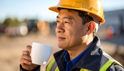 Asian Construction Worker Enjoying Coffee Break Outdoors with Sunlit, Smiling, and Warm.