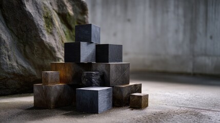 Dark Gray and Brown Stone Cubes Stacked Against Concrete Wall