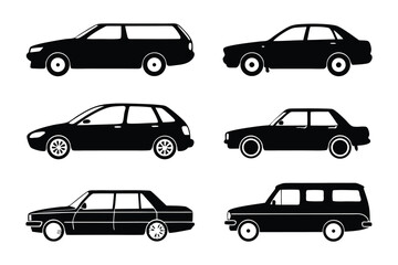 Silhouette of Automotive Diversity: A collection of sleek, monochrome automotive silhouettes showcases a variety of car styles, capturing the essence of transportation design.