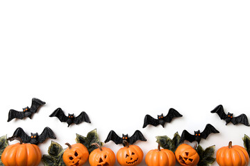 Festive pumpkins adorned with playful bats flying above, framed by a Halloween border for a whimsical atmosphere.