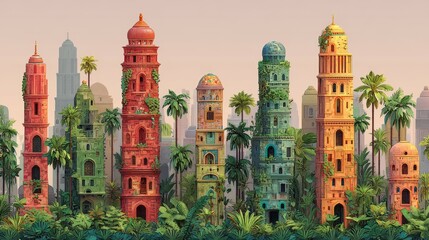 Naklejka premium Vibrant Tropical Towers Surrounded by Lush Greenery in a Fantasy Landscape