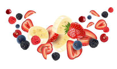 Berry fruits flying with strawberries of pieces element in the middle on white background. Realistic vector in 3D illustration. © DESIGN STOCK