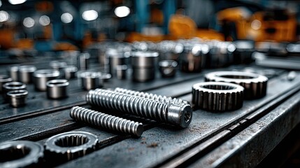 Mechanical equipment workshop closeup with tools and gears, manufacturing engineering concept for industry design ads