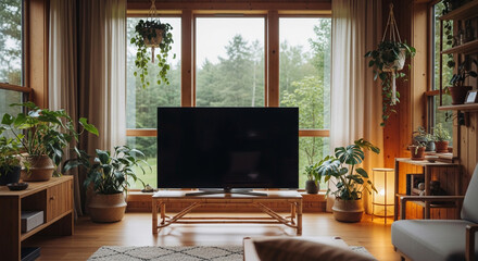 Luxury Living Room with Wall-Mounted Smart TV and Modern Console

