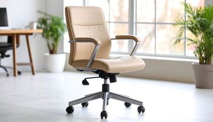 Beige Leather Office Chair in Bright Modern Workspace with Green Plants.