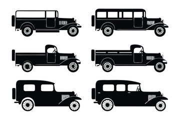 Vintage Vehicles Collection: A striking, monochrome ensemble of classic cars, including pickup trucks, buses, and sedans, rendered in a timeless silhouette.