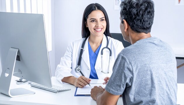 Doctor in blue scrubs smiling at patient during clinical consultation
